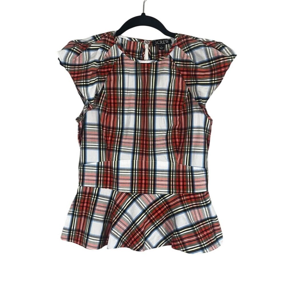 J‎ Crew Plaid Peplum Ruffle Dress 2 Red Festive Preppy Resort Chic Striped